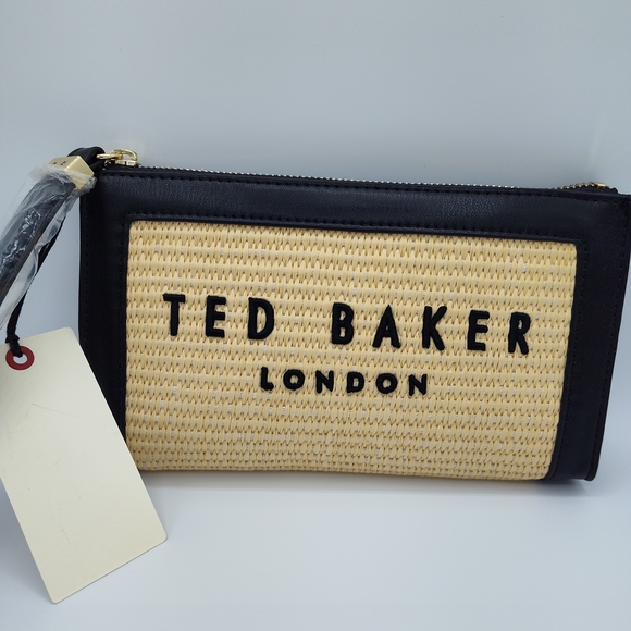 Ted Baker Raffia Wristlet Clutch NWT Black Trim Woven Logo Bag Summer Travel - Picture 2 of 6